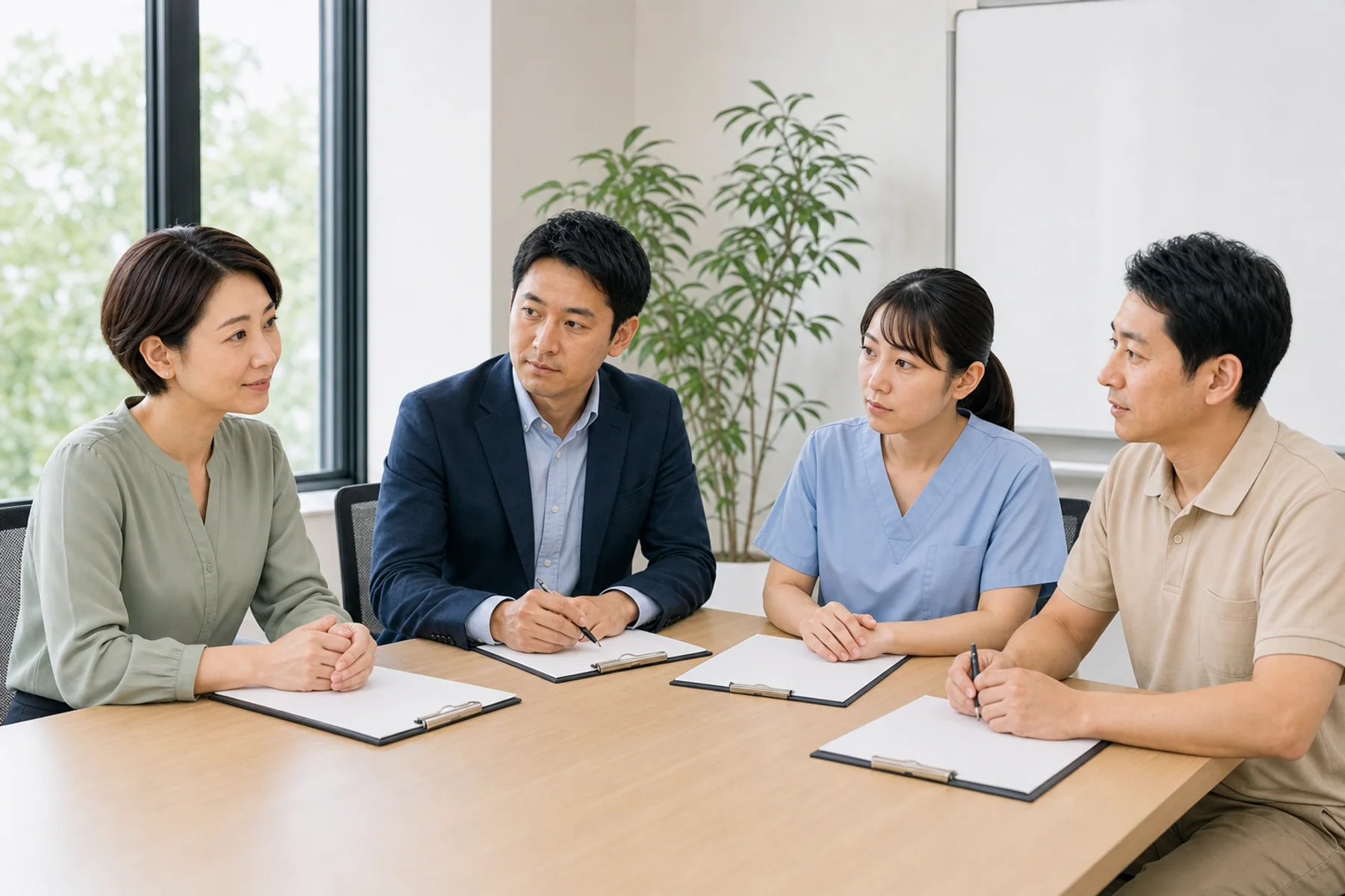 相談支援専門員と服装や役割の異なる専門職が支援方針を話し合う様子